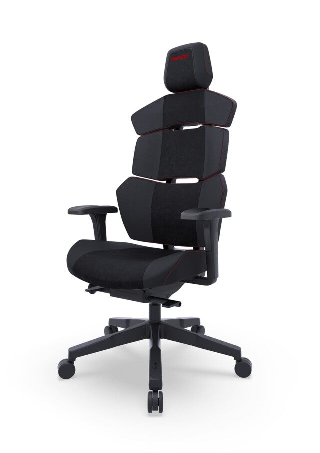 Der RECARO Nxt von RECARO Gaming ist ein moderner schwarzer Bürostuhl mit ergonomischen Segmentkissen, Kopfstütze, Armlehnen, Fünfradbasis, roten Akzenten, kantigem Design und strapazierfähiger, hochwertiger PU-Lederpolsterung.