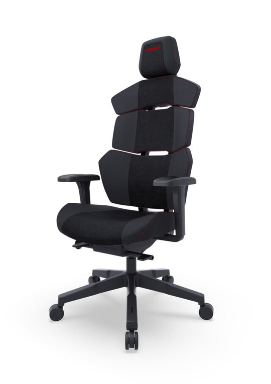 Der RECARO Nxt von RECARO Gaming ist ein moderner schwarzer Bürostuhl mit ergonomischen Segmentkissen, Kopfstütze, Armlehnen, Fünfradbasis, roten Akzenten, kantigem Design und strapazierfähiger, hochwertiger PU-Lederpolsterung.