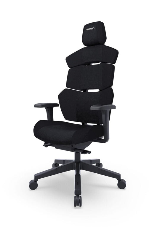 Der RECARO Nxt von RECARO Shop ist ein moderner, schwarzer ergonomischer Bürostuhl mit segmentierter Rückenlehne, verstellbaren Armlehnen und Kopfstütze. Mit hochwertigem PU-Leder bezogen, bietet er Mobilität mit fünf Rädern und einem eleganten, modernen Design.