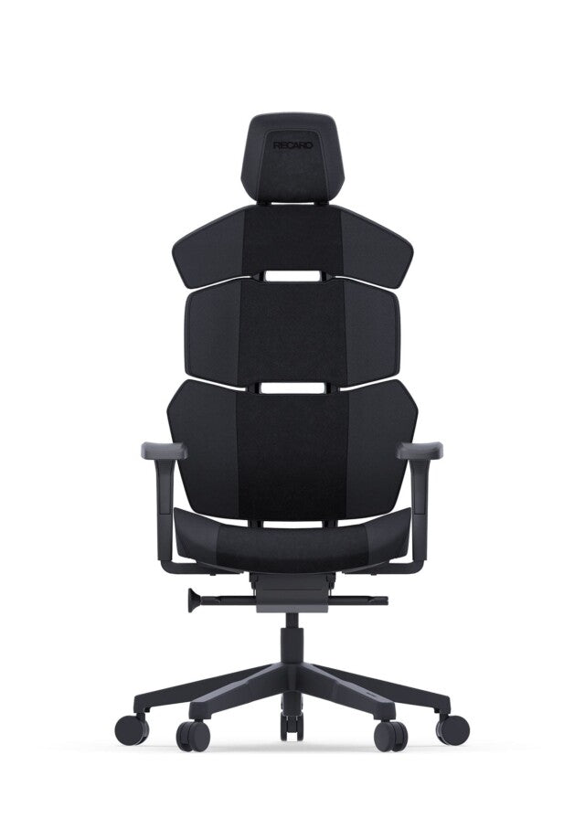 Der RECARO Nxt von RECARO Shop ist ein moderner ergonomischer Bürostuhl in Schwarz mit segmentierter Rückenlehne, verstellbaren Armlehnen und Kopfstütze, PU-Leder-Polsterung und fünf Rollen, abgebildet vor weißem Hintergrund.