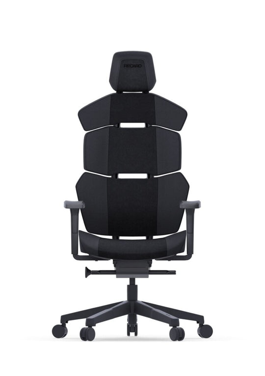 Der RECARO Nxt von RECARO Shop ist ein moderner ergonomischer Bürostuhl in Schwarz mit segmentierter Rückenlehne, verstellbaren Armlehnen und Kopfstütze, PU-Leder-Polsterung und fünf Rollen, abgebildet vor weißem Hintergrund.