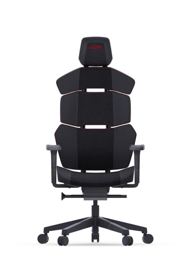 Der RECARO Nxt aus dem RECARO Shop ist ein moderner, schwarzer ergonomischer Bürostuhl mit segmentierter Rückenlehne, verstellbaren Armlehnen und Kopfstütze sowie einem Fünfrad-Untergestell aus hochwertigem PU-Leder oder weicher Mikrofaser, abgebildet vor weißem Hintergrund.