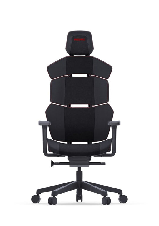Der RECARO Nxt aus dem RECARO Shop ist ein moderner, schwarzer ergonomischer Bürostuhl mit segmentierter Rückenlehne, verstellbaren Armlehnen und Kopfstütze sowie einem Fünfrad-Untergestell aus hochwertigem PU-Leder oder weicher Mikrofaser, abgebildet vor weißem Hintergrund.