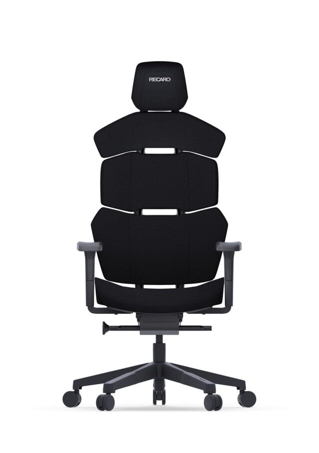 Der RECARO Shop RECARO Nxt ist ein moderner, schwarzer ergonomischer Bürostuhl mit segmentierter PU-Leder-Rückenlehne, verstellbaren Armlehnen, Kopfstütze und Rollfuß, abgebildet vor weißem Hintergrund.