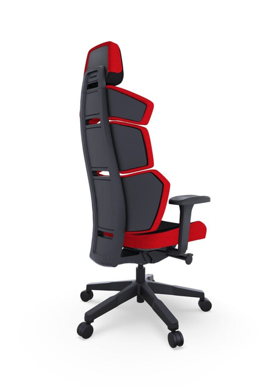 Der RECARO Shop RECARO Nxt ist ein moderner ergonomischer Bürostuhl mit einer hohen, segmentierten Rückenlehne aus schwarz-rotem PU-Leder, schwarzen Armlehnen und einem schwarzen Fünfrad-Untergestell, von der Seite vor weißem Hintergrund abgebildet.