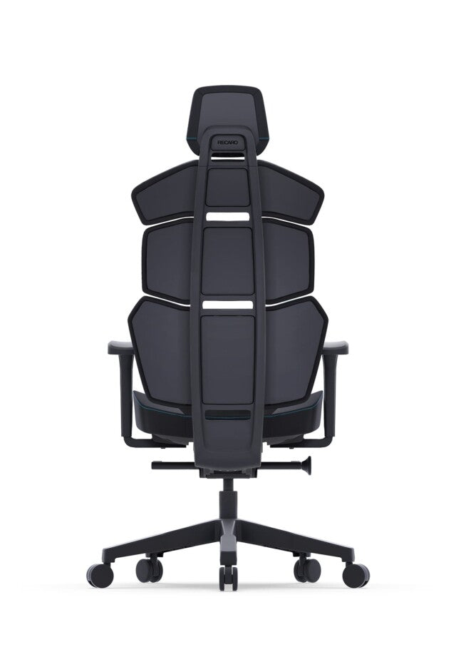 Der RECARO Shop RECARO Nxt ist ein moderner ergonomischer Bürostuhl aus schwarzem PU-Leder mit einzigartiger segmentierter Rückenlehne, verstellbaren Armlehnen, hoher Kopfstütze und fünfrädriger Basis. Abbildung von hinten vor weißem Hintergrund.