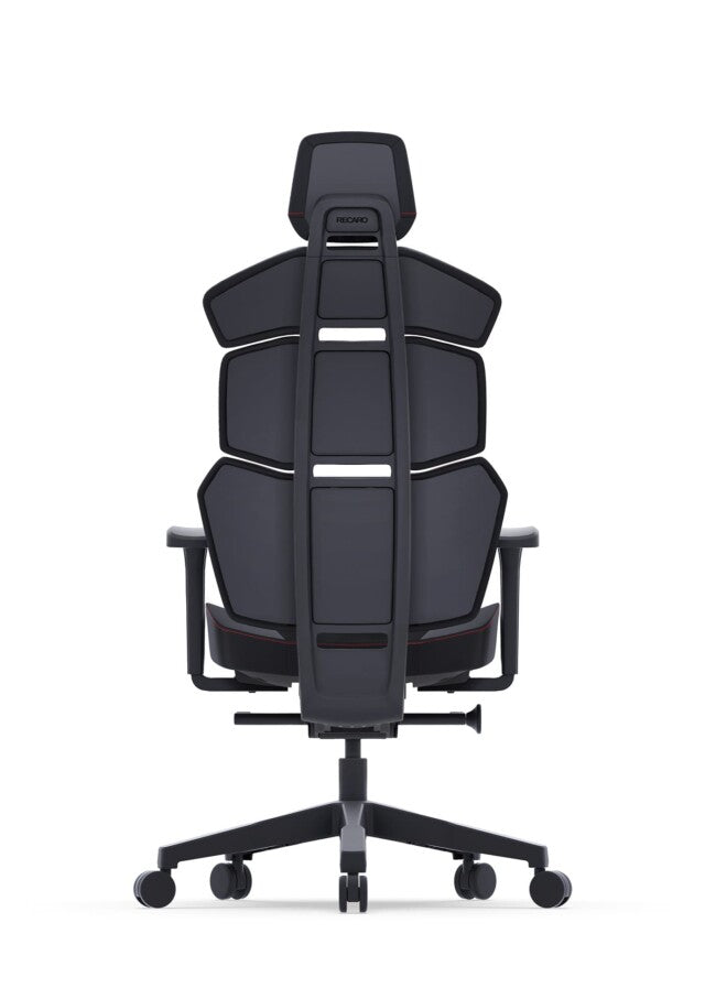 Der RECARO Nxt von RECARO Shop ist ein moderner ergonomischer Bürostuhl mit hoher Rückenlehne, segmentierter Polsterung und verstellbaren Armlehnen aus hochwertigem PU-Leder, von hinten auf weißem Hintergrund abgebildet.
