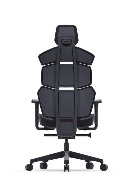 Der RECARO Nxt von RECARO Shop ist ein moderner ergonomischer Bürostuhl mit hoher Rückenlehne, segmentierter Polsterung und verstellbaren Armlehnen aus hochwertigem PU-Leder, von hinten auf weißem Hintergrund abgebildet.