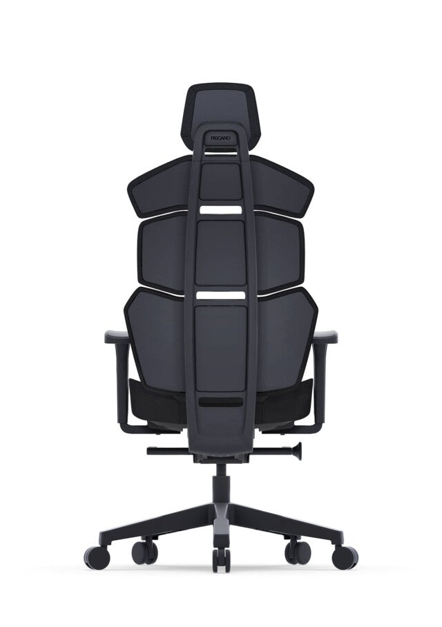 Der RECARO Shop RECARO Nxt ist ein moderner ergonomischer Bürostuhl mit einer schwarzen Netzrückenlehne mit segmentierten Winkelplatten, einer Kopfstütze und einer Polsterung aus PU-Leder und Stoff, von hinten auf einem Fünfrad-Untergestell abgebildet.