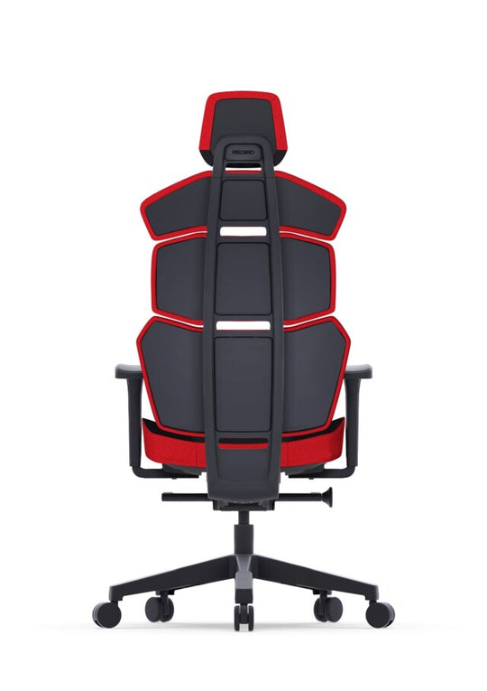 Der RECARO Shop RECARO Nxt ist ein moderner ergonomischer Bürostuhl in Schwarz und Rot mit segmentierter Rückenlehne und verstellbaren Armlehnen aus PU-Leder, von hinten auf weißem Hintergrund abgebildet.