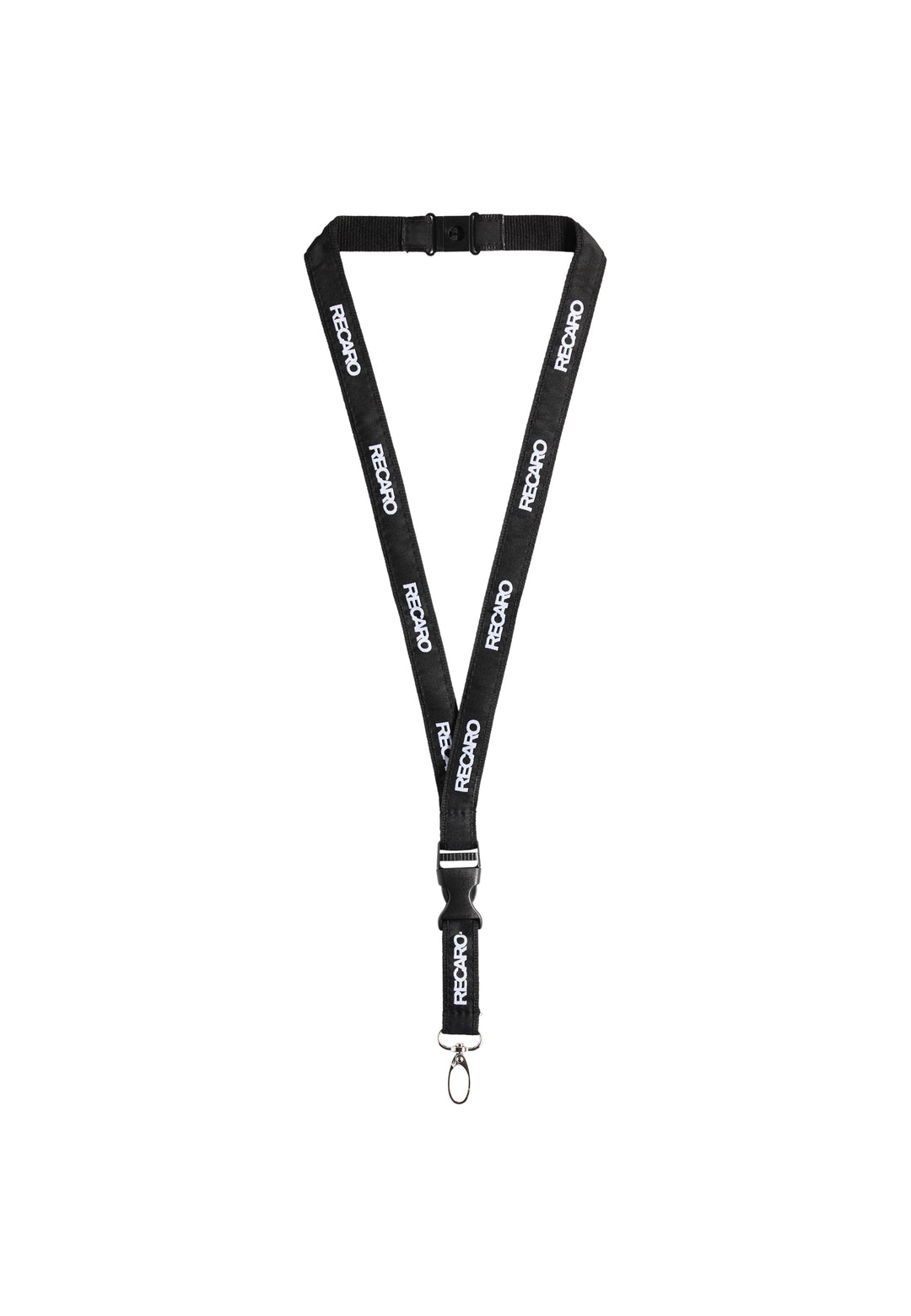 Das Lanyard Originals von Recaro ist ein schwarzes Lanyard mit der Aufschrift „RESCHO“ in Weiß, einem Karabinerverschluss aus Metall und einer Sicherheitsverschlussschnalle auf schlichtem weißem Hintergrund.