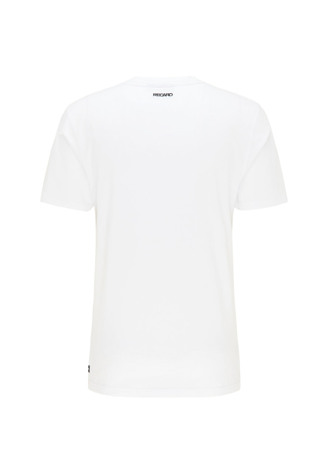 Rückansicht des Recaro T-Shirt Spektrum, ein schlichtes weißes Kurzarm-Baumwoll-T-Shirt mit einem kleinen schwarzen Logo im Retro-Stil in der Nähe des Halsausschnitts, abgebildet auf weißem Hintergrund.