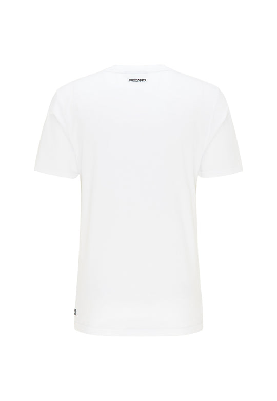 Rückansicht des Recaro T-Shirt Spektrum, ein schlichtes weißes Kurzarm-Baumwoll-T-Shirt mit einem kleinen schwarzen Logo im Retro-Stil in der Nähe des Halsausschnitts, abgebildet auf weißem Hintergrund.