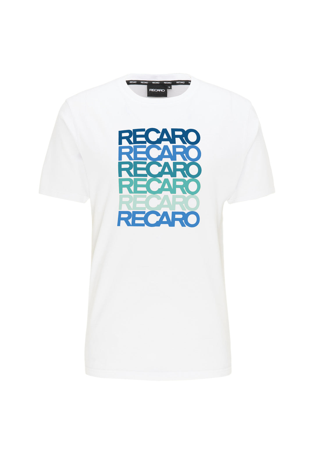 Das T-Shirt Spektrum von Recaro ist ein weißes Baumwoll-T-Shirt mit dem fünfmaligen Aufdruck „RECARO“ in fetten Großbuchstaben, die von Dunkelblau nach Grün verblassen und so für einen auffälligen Retro-Look sorgen.