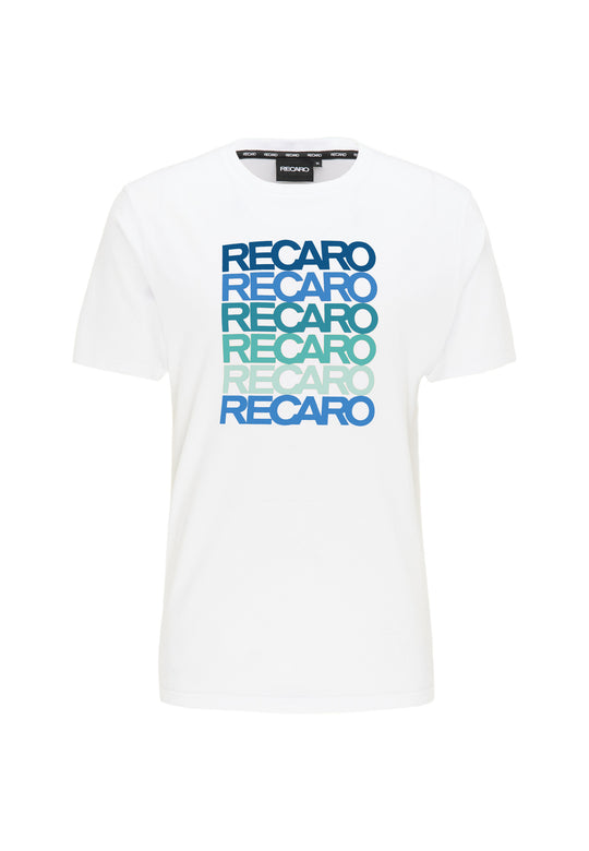 Das T-Shirt Spektrum von Recaro ist ein weißes Baumwoll-T-Shirt mit dem fünfmaligen Aufdruck „RECARO“ in fetten Großbuchstaben, die von Dunkelblau nach Grün verblassen und so für einen auffälligen Retro-Look sorgen.