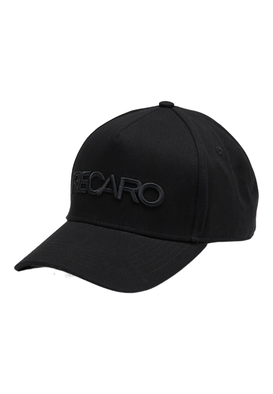 Das RECARO Baseball Cap Originals ist eine schwarze Kappe mit gebogenem Schirm und dezenter Ton-in-Ton-Stickerei „RECARO“ auf der Vorderseite, abgebildet auf schlichtem weißem Hintergrund.