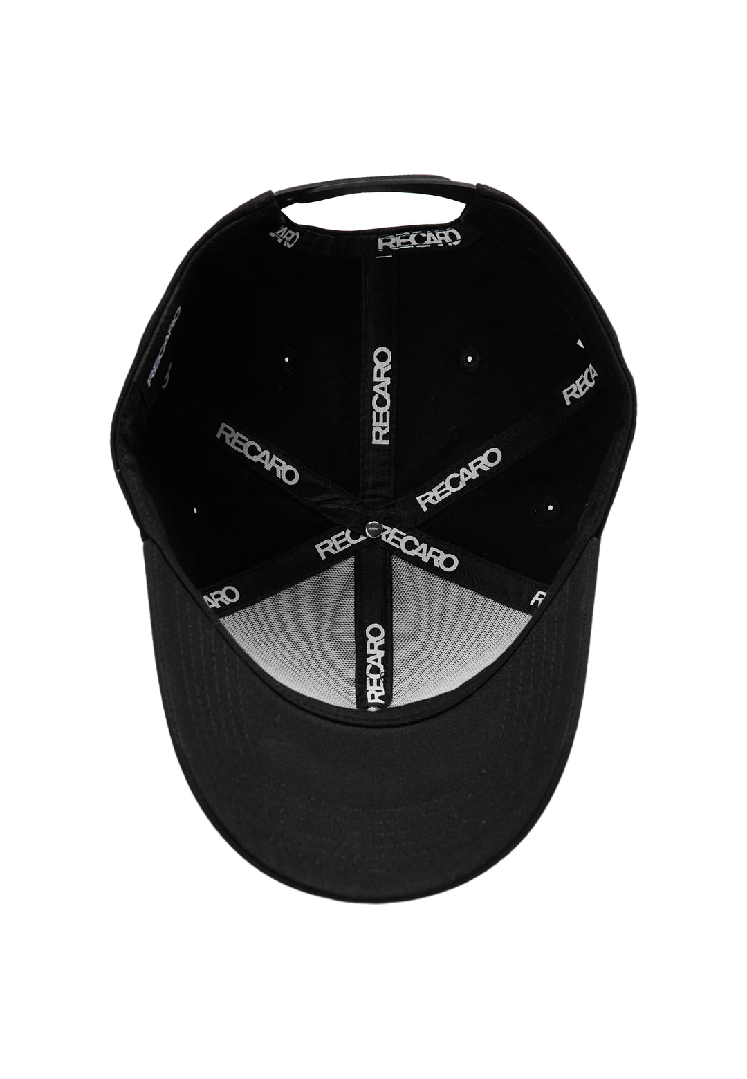 Draufsicht auf die Innenseite der Baseball Cap Originals von RECARO mit RECARO-Branding und Ton-in-Ton-Stickerei auf den inneren Mützenbändern.