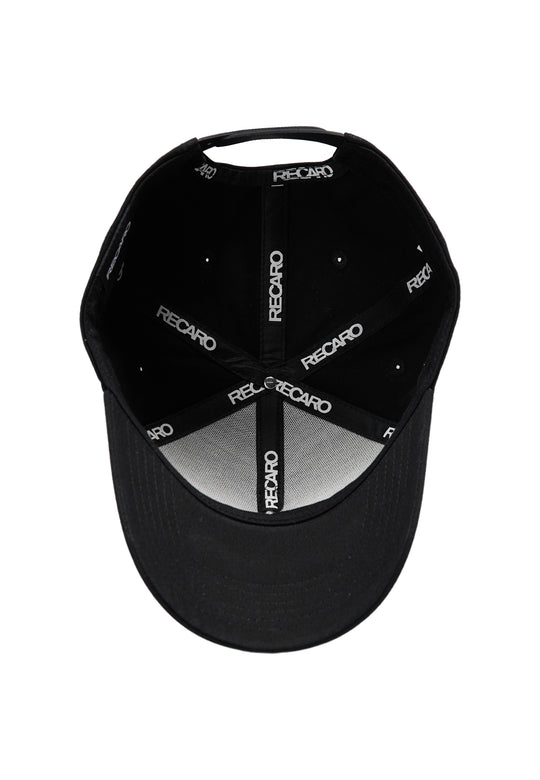 Draufsicht auf die Innenseite der Baseball Cap Originals von RECARO mit RECARO-Branding und Ton-in-Ton-Stickerei auf den inneren Mützenbändern.