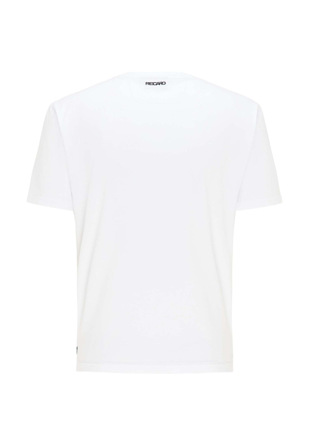 Das T-Shirt Originals RECARO von Recaro_Merch_Daniel ist ein weißes Baumwoll-T-Shirt mit normaler Passform, von hinten gezeigt und mit einem kleinen Logo in der Nähe des Ausschnitts versehen.