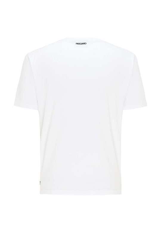 Das T-Shirt Originals RECARO von Recaro_Merch_Daniel ist ein weißes Baumwoll-T-Shirt mit normaler Passform, von hinten gezeigt und mit einem kleinen Logo in der Nähe des Ausschnitts versehen.