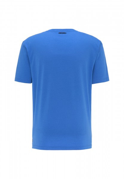 Rückansicht eines schlichten blauen T-Shirts Originals RECARO von Recaro_Merch_Daniel in Regular-Fit mit kurzen Ärmeln, rundem Ausschnitt und einem kleinen schwarzen Logo in der Mitte des oberen Rückens vor weißem Hintergrund.
