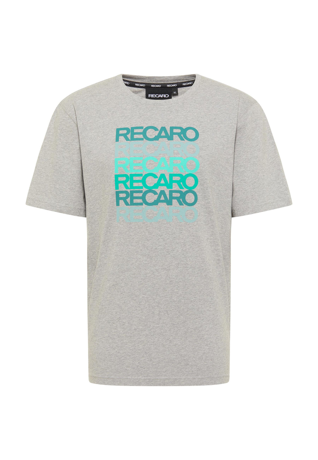 Das T-Shirt Spektrum von Recaro ist ein hellgraues Kurzarm-Baumwoll-T-Shirt mit Retro-Design: „RECARO“ fünfmal in kräftigem Türkis und Blaugrün auf der Brust gestapelt.