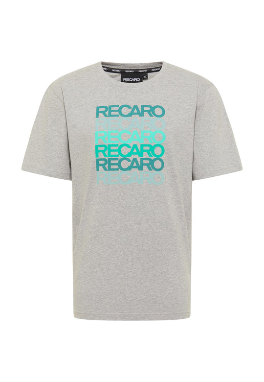 Das T-Shirt Spektrum von Recaro ist ein hellgraues Kurzarm-Baumwoll-T-Shirt mit Retro-Design: „RECARO“ fünfmal in kräftigem Türkis und Blaugrün auf der Brust gestapelt.