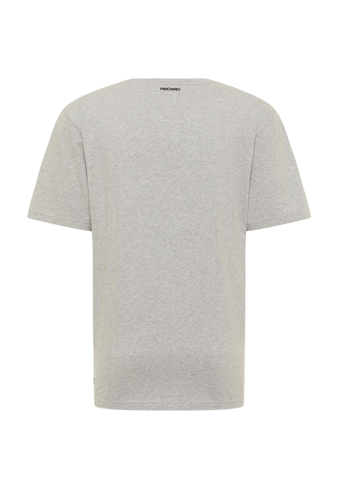 Rückansicht des T-Shirts Spektrum von Recaro: ein schlichtes hellgraues Kurzarmshirt mit einem kleinen schwarzen RECARO-Logo im Halsausschnittbereich auf weißem Hintergrund, was ihm einen dezenten Retro-Look verleiht.