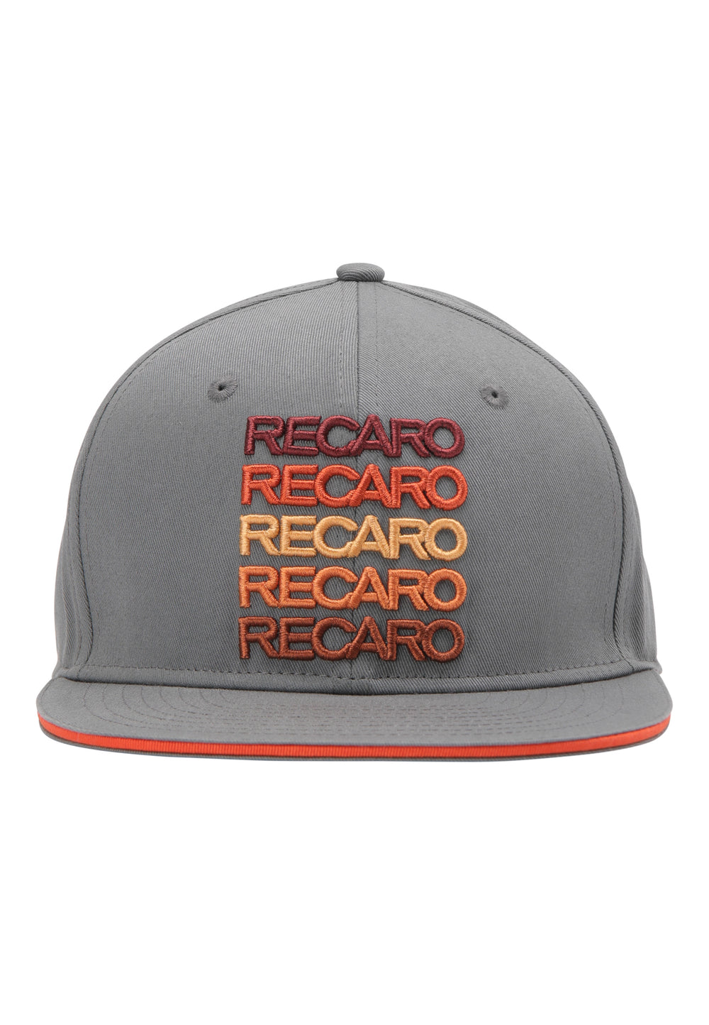 Das Spektrum Cap & Poster aus dem RECARO Shop besteht aus einer grauen Kappe mit fünf gestickten RECARO"-Zeichen in übereinanderliegenden Reihen, jede in einer eigenen Farbe von Dunkelrot oben bis Gelb und Orange unten.