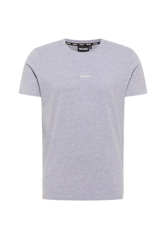 Das RECARO T-Shirt Backprint ist ein schlichtes hellgraues Kurzarm-T-Shirt aus weicher Baumwolle mit Rundhalsausschnitt und einem kleinen weißen RECARO-Logo mittig auf der Brust.