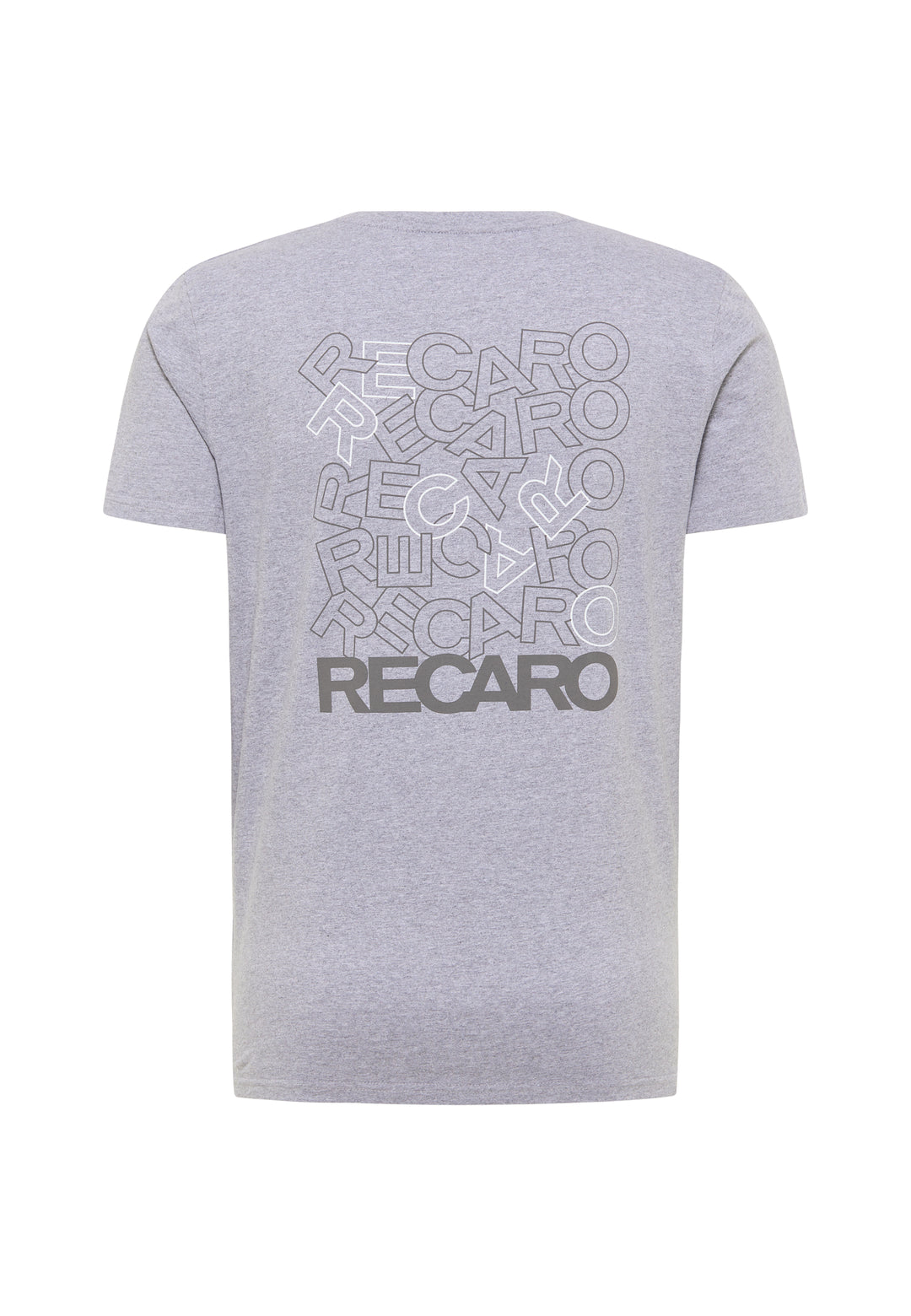 Das RECARO T-Shirt Backprint aus hellgrauer Baumwolle hat kurze Ärmel und zeigt überlappende weiße und schwarze „RECARO“-Aufdrucke auf der Rückseite, mit einem kräftigen, schwarzen „RECARO“ in der unteren Mitte.