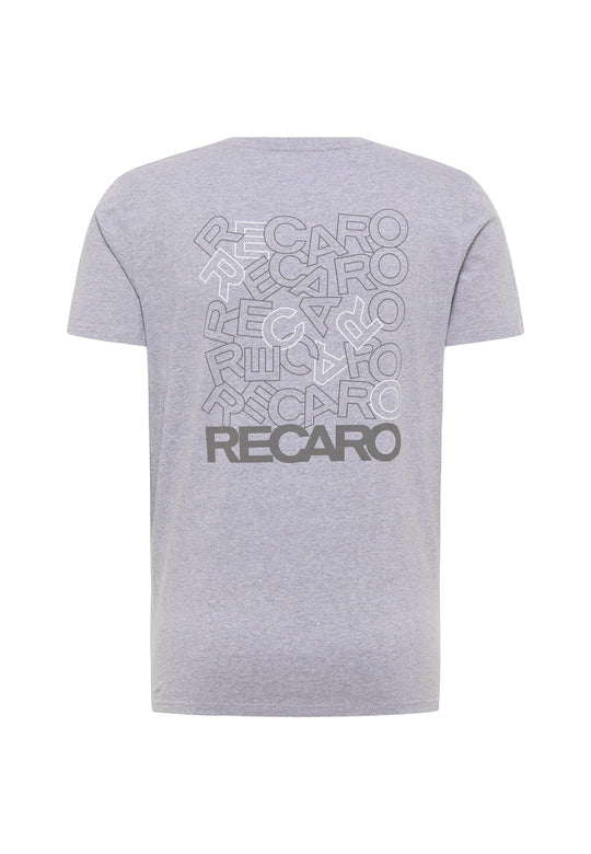 Das RECARO T-Shirt Backprint aus hellgrauer Baumwolle hat kurze Ärmel und zeigt überlappende weiße und schwarze „RECARO“-Aufdrucke auf der Rückseite, mit einem kräftigen, schwarzen „RECARO“ in der unteren Mitte.