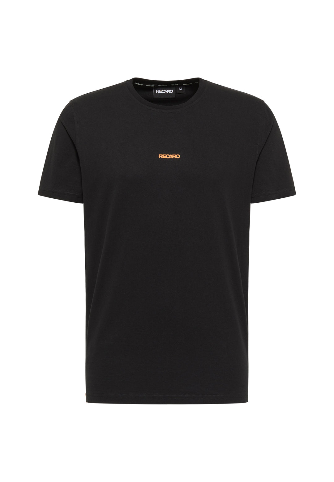 Das T-Shirt Backprint von RECARO ist ein schlichtes schwarzes Baumwoll-T-Shirt mit einem kleinen, zentrierten orangefarbenen RECARO-Logo auf der Brust, einem runden Halsausschnitt und ohne zusätzliche sichtbare Designs oder Muster.