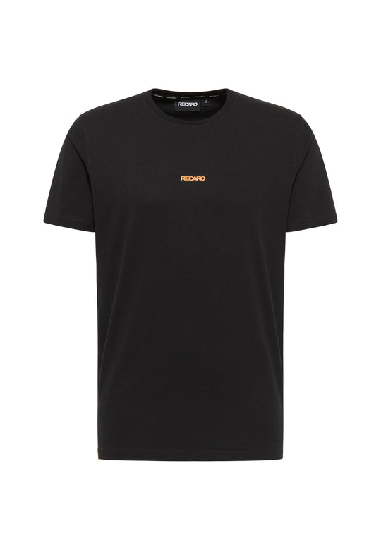 Das T-Shirt Backprint von RECARO ist ein schlichtes schwarzes Baumwoll-T-Shirt mit einem kleinen, zentrierten orangefarbenen RECARO-Logo auf der Brust, einem runden Halsausschnitt und ohne zusätzliche sichtbare Designs oder Muster.