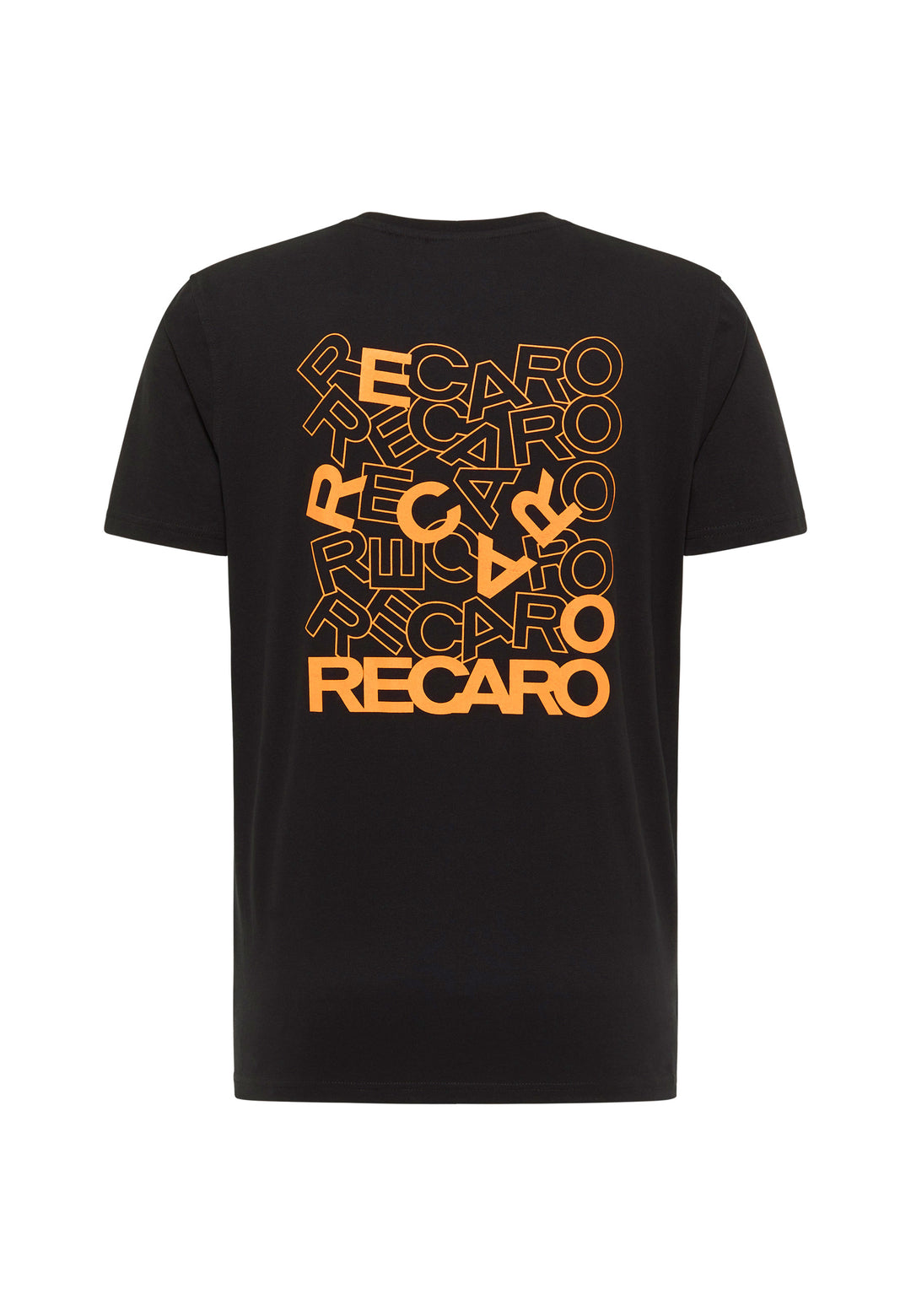 Das T-Shirt Backprint von RECARO besteht aus weicher Baumwolle und zeigt auf der Rückseite gestapelte, kräftige orangefarbene RECARO-Logos in verschiedenen Größen und Ausrichtungen.