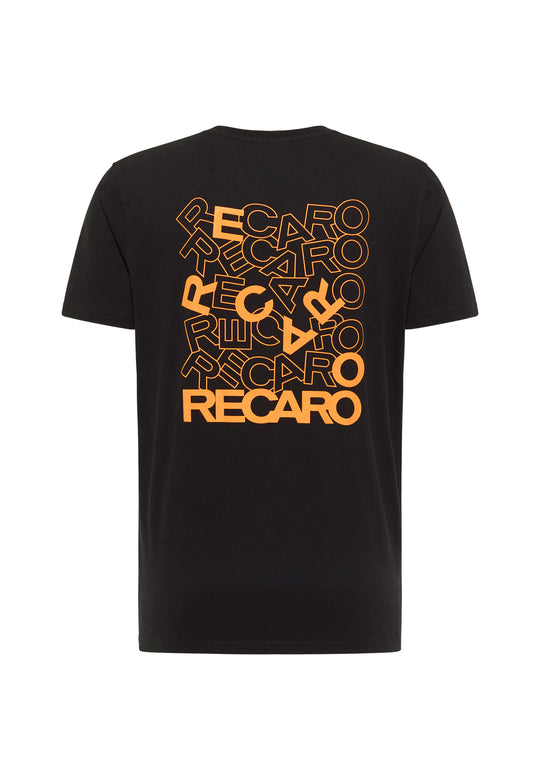 Das T-Shirt Backprint von RECARO besteht aus weicher Baumwolle und zeigt auf der Rückseite gestapelte, kräftige orangefarbene RECARO-Logos in verschiedenen Größen und Ausrichtungen.