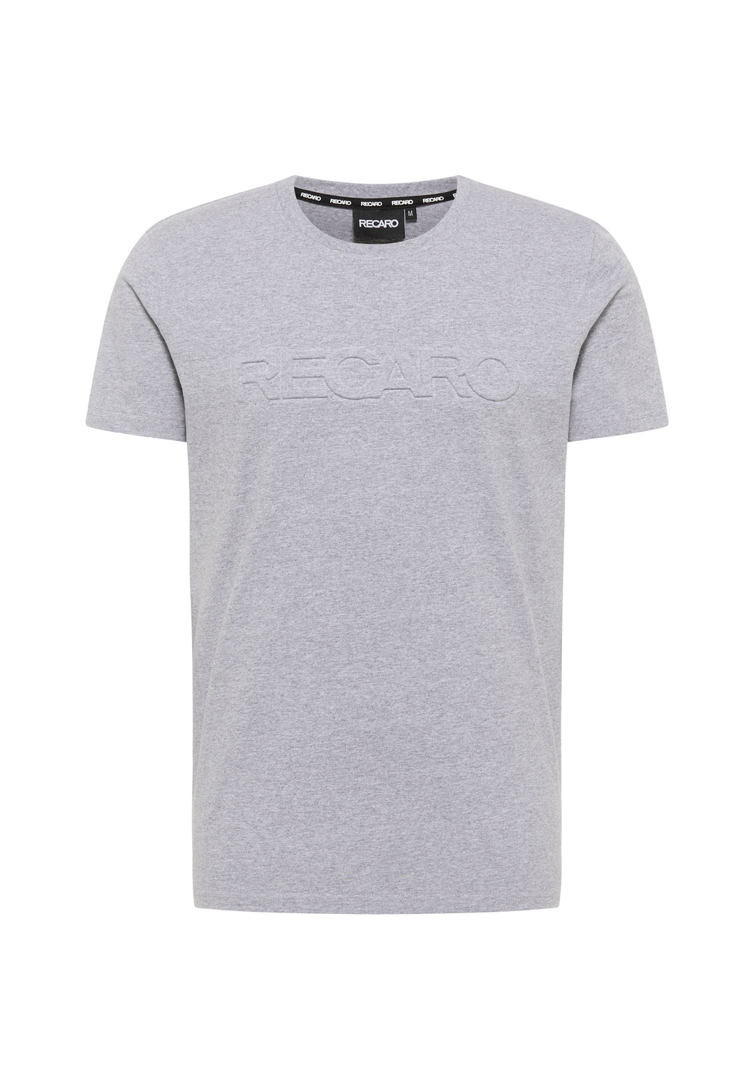 Das T-Shirt Originals Embossed von Recaro_Merch_Daniel in Hellgrau besteht aus 100% Baumwolle, hat kurze Ärmel, einen Rundhalsausschnitt und einen dezenten 3D-RECARO-Schriftzug auf der Brust. Präsentiert vor weißem Hintergrund.
