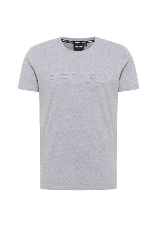 Das T-Shirt Originals Embossed von Recaro_Merch_Daniel in Hellgrau besteht aus 100% Baumwolle, hat kurze Ärmel, einen Rundhalsausschnitt und einen dezenten 3D-RECARO-Schriftzug auf der Brust. Präsentiert vor weißem Hintergrund.
