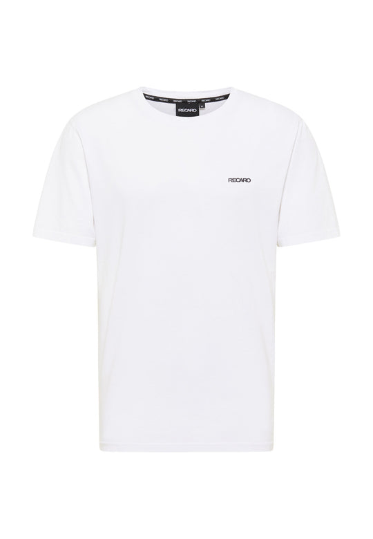 Das RECARO T-Shirt Originals Basic ist ein weißes T-Shirt mit lockerer Passform, kurzen Ärmeln, rundem Ausschnitt und einem kleinen schwarzen RECARO-Logo auf der linken Brust.