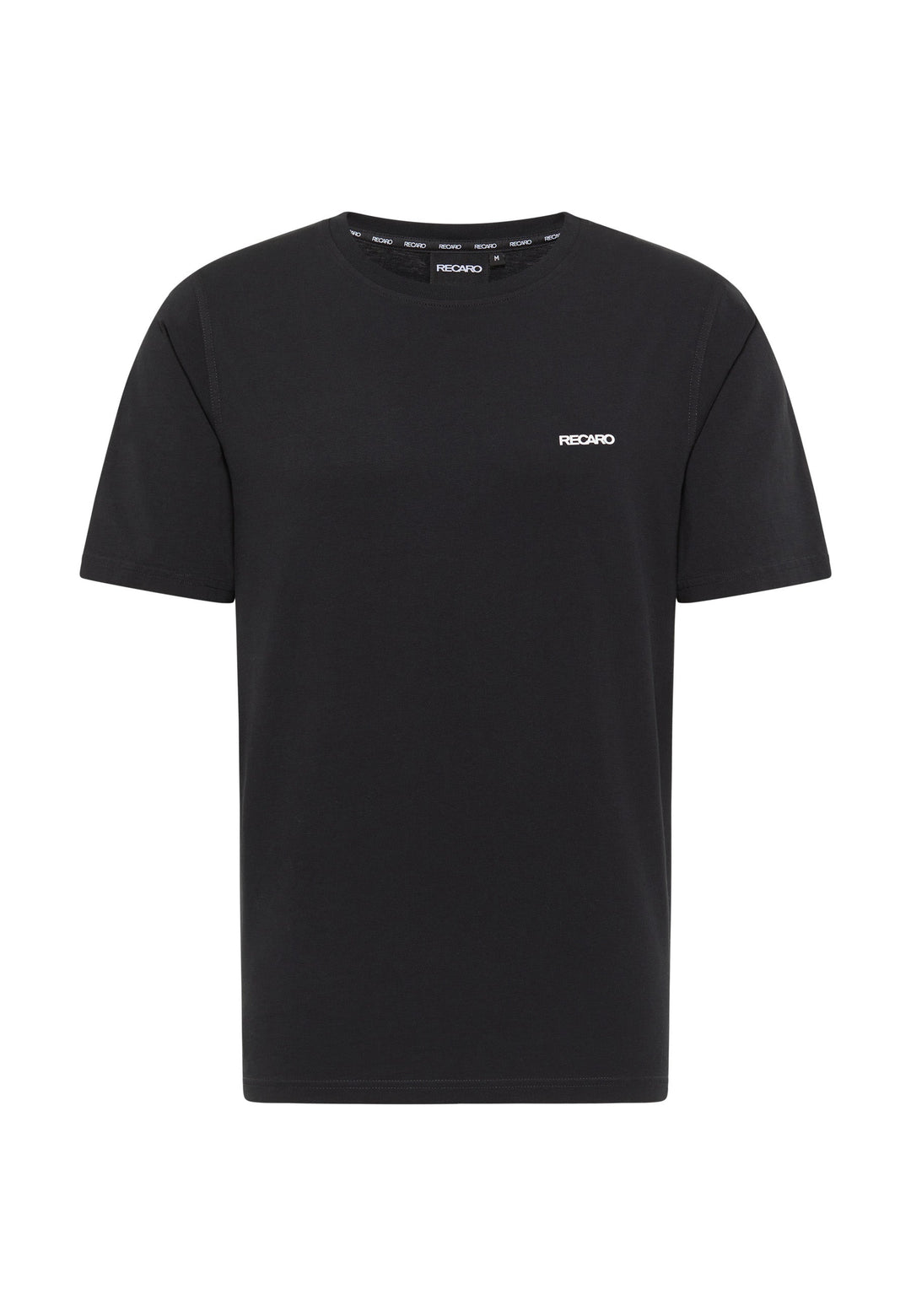 Das T-Shirt Originals Basic von Recaro_Merch_Daniel ist ein schwarzes T-Shirt mit lockerer Passform, klassischem Rundhalsausschnitt und einem kleinen weißen RECARO-Logo auf der linken Brust, ohne andere sichtbare Designs oder Muster.