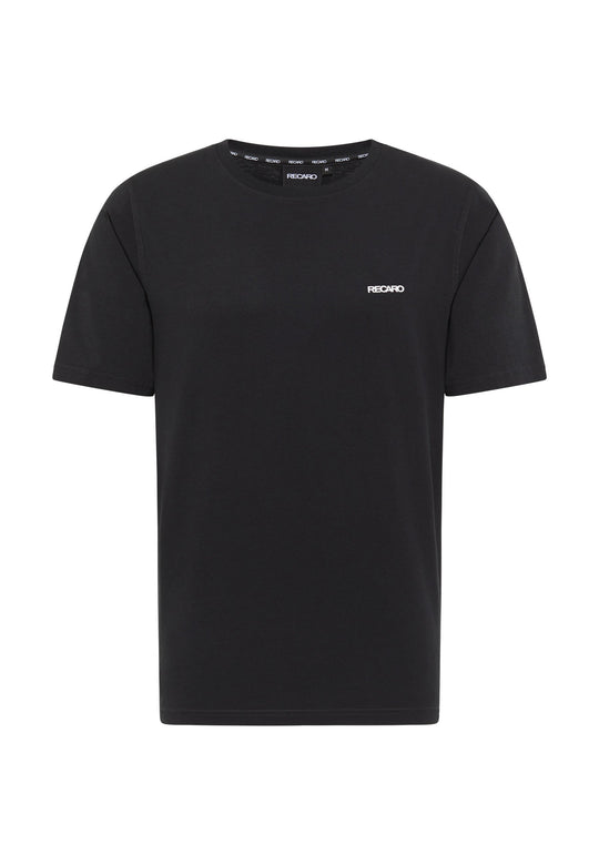 Das T-Shirt Originals Basic von Recaro_Merch_Daniel ist ein schwarzes T-Shirt mit lockerer Passform, klassischem Rundhalsausschnitt und einem kleinen weißen RECARO-Logo auf der linken Brust, ohne andere sichtbare Designs oder Muster.