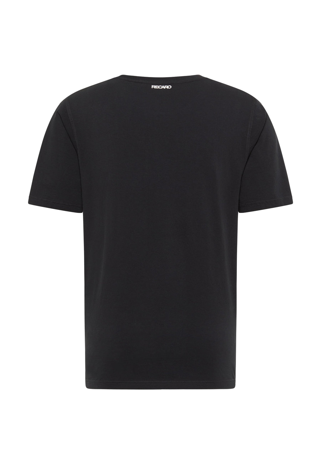 Das Recaro_Merch_Daniel T-Shirt Originals Basic ist ein schwarzes T-Shirt mit lockerer Passform und Rückenansicht. Es trägt ein kleines weißes RECARO Logo am Halsausschnitt. Das Design ist schlicht und ohne zusätzliche Muster oder Verzierungen.