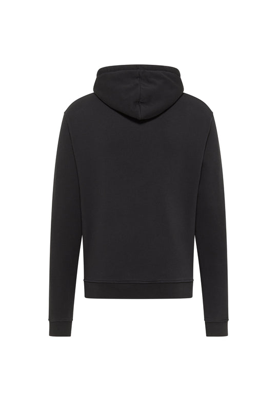 Der Hoodie Originals Basic von Recaro in Schwarz ist von hinten abgebildet, aus weicher Baumwolle mit entspannter Passform, langen Ärmeln und gerippten Bündchen und Saum, abgebildet auf einem schlichten weißen Hintergrund.