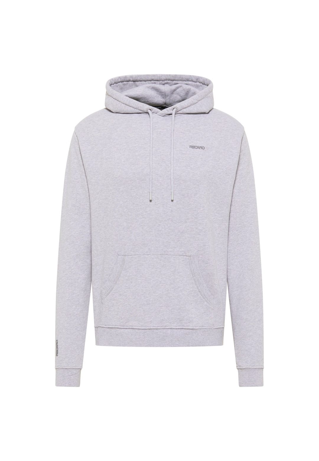 Der Hoodie Originals Basic von Recaro ist ein hellgrauer, locker sitzender Baumwoll-Hoodie mit Fronttasche, Kapuze mit Kordelzug, langen Ärmeln und kleinem Logo auf der Brust – mit seinem schlichten Design ideal für den täglichen Tragekomfort.