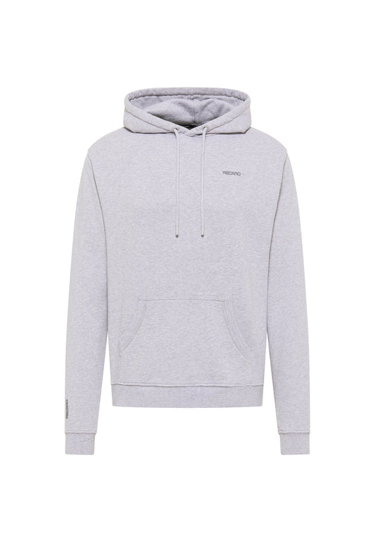 Der Hoodie Originals Basic von Recaro ist ein hellgrauer, locker sitzender Baumwoll-Hoodie mit Fronttasche, Kapuze mit Kordelzug, langen Ärmeln und kleinem Logo auf der Brust – mit seinem schlichten Design ideal für den täglichen Tragekomfort.
