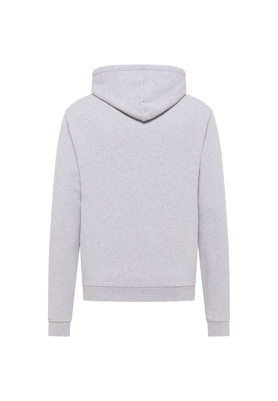 Rückansicht des Recaro_Merch_Daniel Hoodie Originals Basic, ein hellgrauer Hoodie mit lockerer Passform aus weicher Baumwolle, mit langen Ärmeln und gerippten Bündchen und Saum, abgebildet auf weißem Hintergrund.