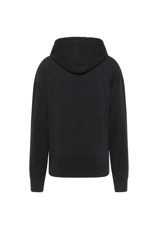 Der RECARO Hoodie Spektrum, ein schlichter schwarzer Unisex-Hoodie im Retro-Look, ist von hinten auf weißem Hintergrund abgebildet. Er hat lange Ärmel ohne sichtbare Designs oder Logos.