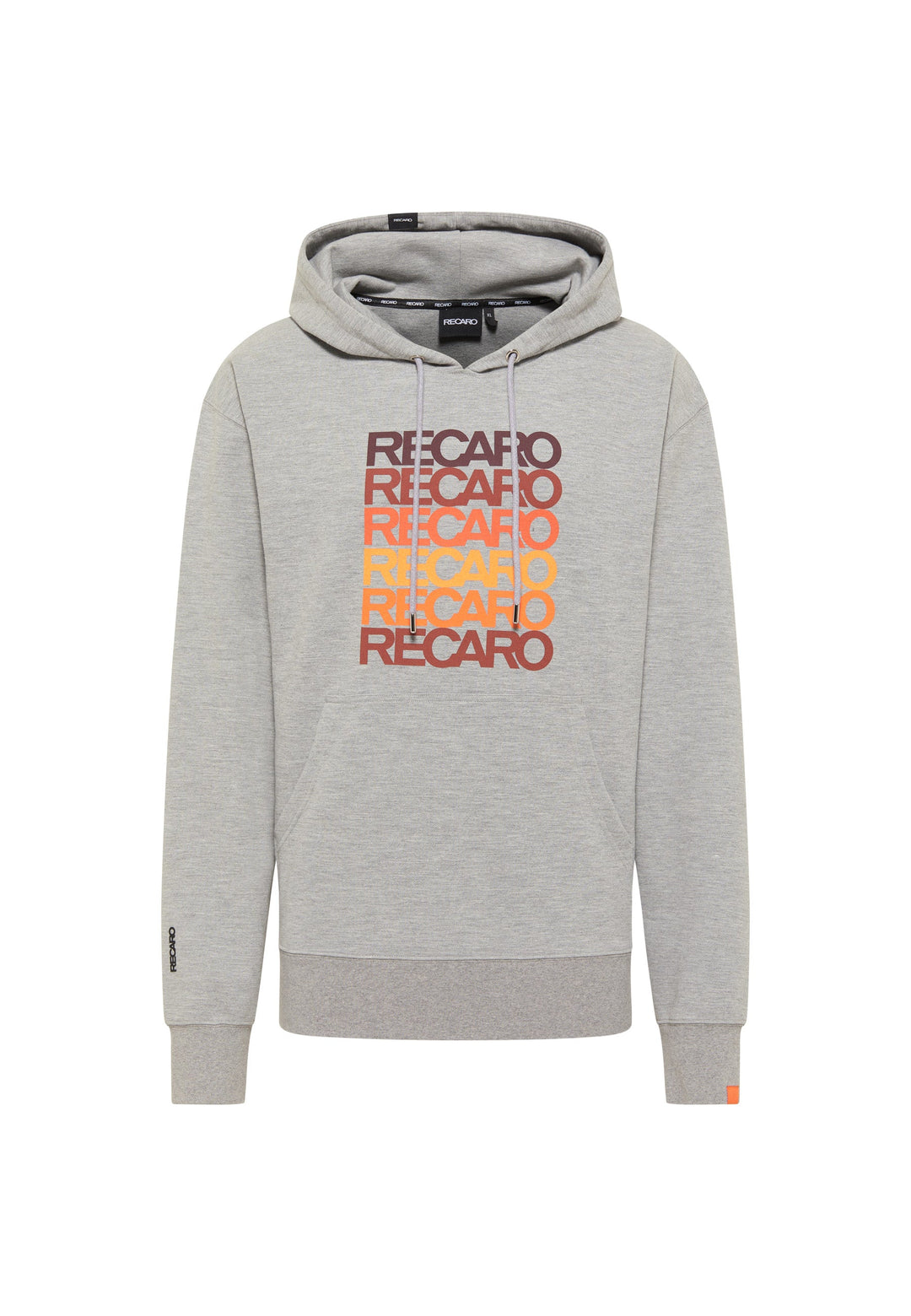 Der Hoodie Spektrum von RECARO  ist ein hellgrauer Unisex-Hoodie mit RECARO-Schriftzug in einem Farbverlauf von Dunkelviolett nach Orange auf der Brust, hergestellt aus Spektrum-Stoff, mit einer Fronttasche und gerippten Bündchen und Saum für einen Retro-Look.
