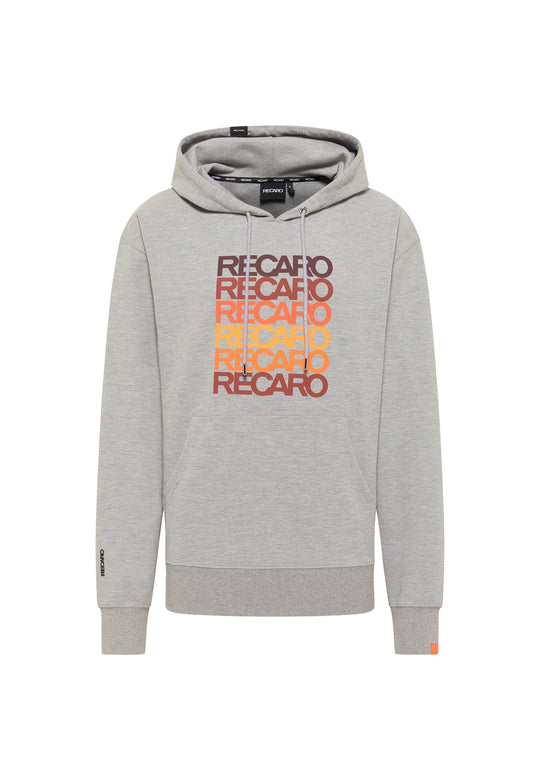 Der Hoodie Spektrum von RECARO  ist ein hellgrauer Unisex-Hoodie mit RECARO-Schriftzug in einem Farbverlauf von Dunkelviolett nach Orange auf der Brust, hergestellt aus Spektrum-Stoff, mit einer Fronttasche und gerippten Bündchen und Saum für einen Retro-Look.