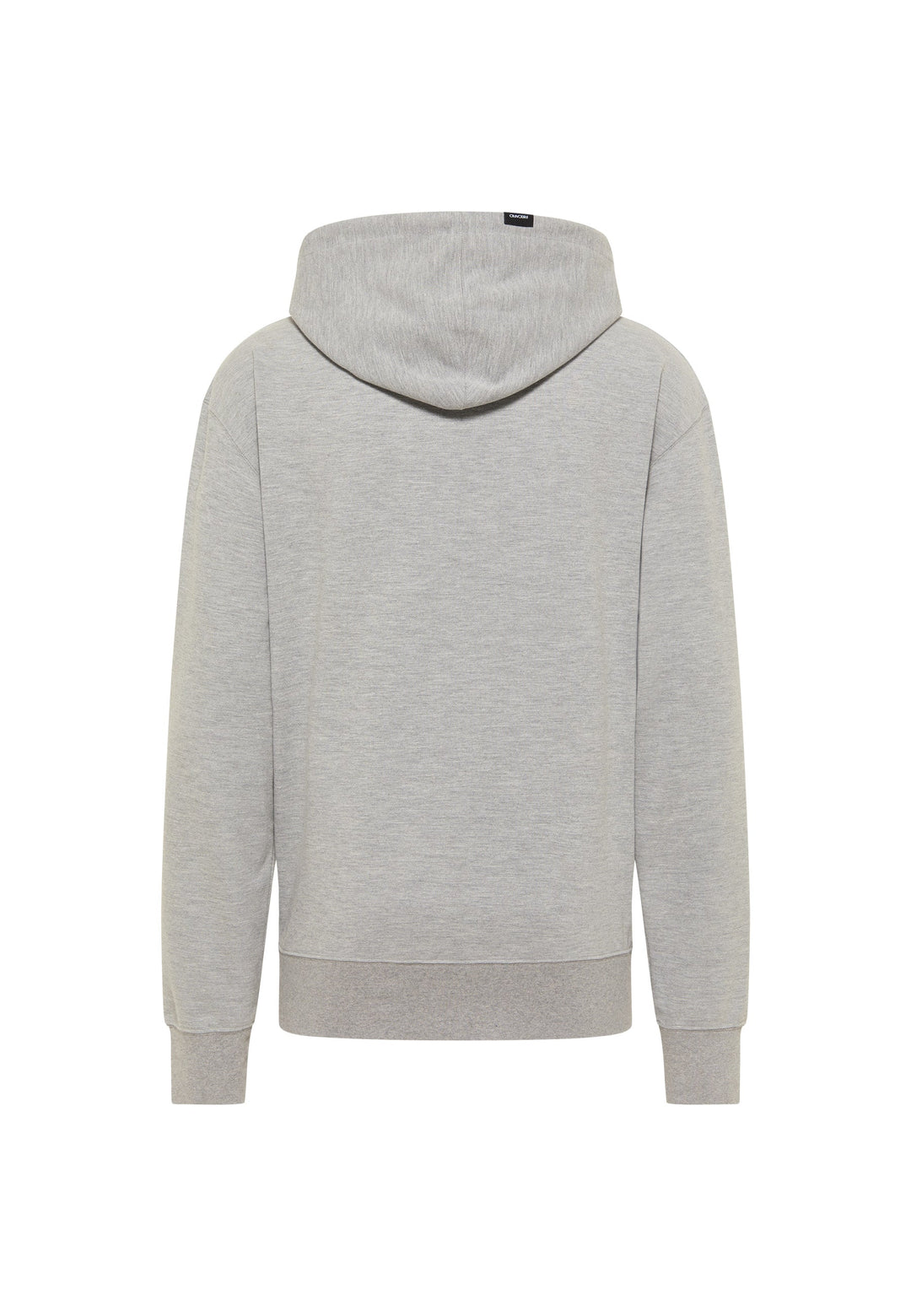 Rückansicht des Hoodie Spektrum von RECARO in Hellgrau mit langen Ärmeln und gerippten Bündchen und Saum vor weißem Hintergrund – eine subtile Anspielung auf den Retro-Stil.